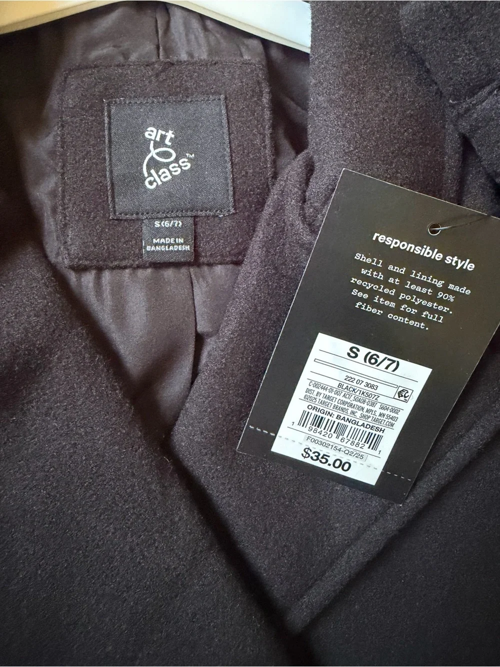 Art Class girls' black pea coat small (6/7)